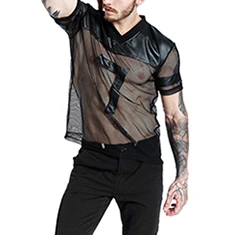 Men-Undershirt-Sheer-Mesh-PU-Leather-Patchwork-T-shirts-Breathable-Gym-Sports-Jogging-Shirts-Male-Wetlook