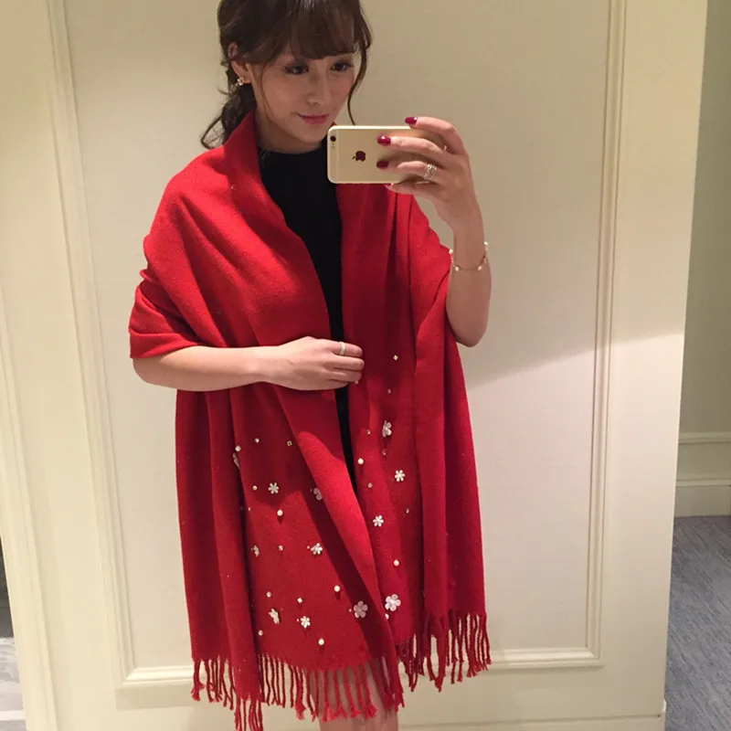 

Autumn & Winter Solid Color Faux Cashmere Scarf Pearl Flower Long Air Conditioner Shawl Dual Purpose Women's Thick Warming Scarf