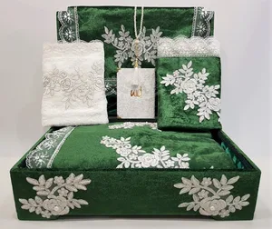 Alfombra de oración de sandhir Kadife, conjunto de paquete de encaje francés, verde esmeralda