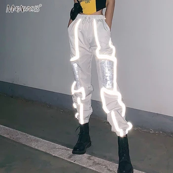 

Mnealways18 2020 New Reflective Pants Women High Waist Letter Print Pants Jogger Drawstring Casual Pant Harem Streetwear Fashion