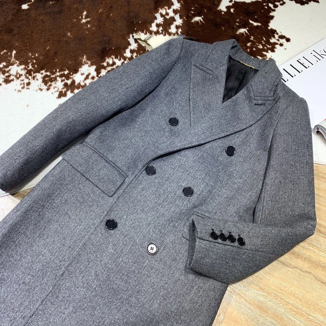 new ladies high quality fashion long-sleeved lapel solid color buckle herringbone wool coat coat 1019