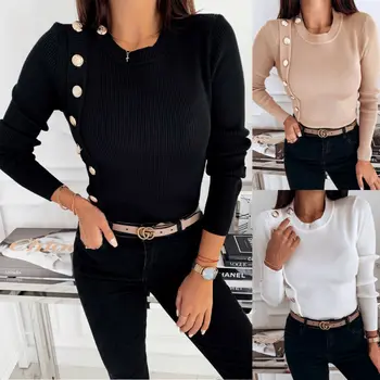 

Fashion Women Autumn Lady Casual Knitted Bandage Sweater Jumper Long Sleeve O Neck Pullover Basic Slim Button T-shirt Slim Top