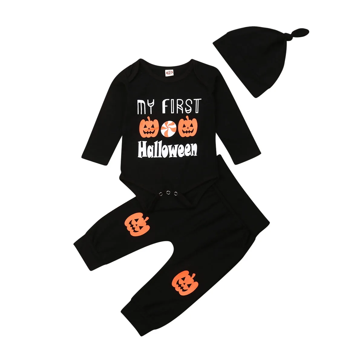0-18M Newborn Infant Baby Boy Girl Halloween Clothing Set Pumpkin Long Sleeve Rompers + Pants + Hat Outfits