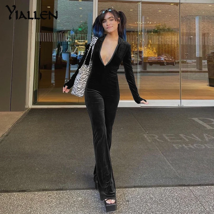 Yiallen Autumn Solid Fashion Slim Jumpsuits Women Hooded Long Sleeve Zipper Street Casual Lady Black Long Phant Rompers New Hot 1