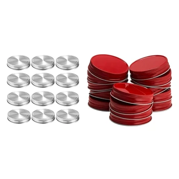 

36Pcs Mason Jar Lids Regular Mouth Leak Proof Secure Mason Storage Solid Caps - 24Pcs Red & 12Pcs Silver