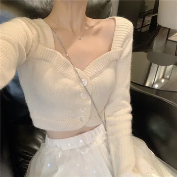 

2020Autumn New arrivals from Temperament Sweater Square Collar Slim Thin Sexy Navel Short Long Sleeve Knit Sweater Free Shipping