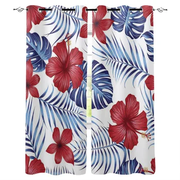 

Hibiscus Red Flower Plant Leaves Window Curtain Bedroom Decor Curtain Panels Window Curtain Living Room Luxury Home Decor