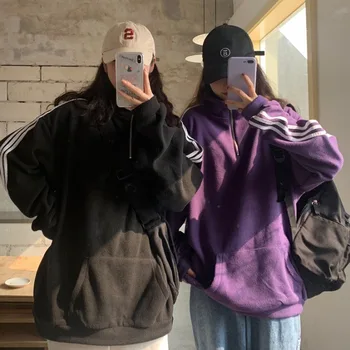 

Autumn Top Women's Ins Super Hot Korean Version Loose And Versatile Mid Long Pullover Zipper Collar Stripe Long Sleeve