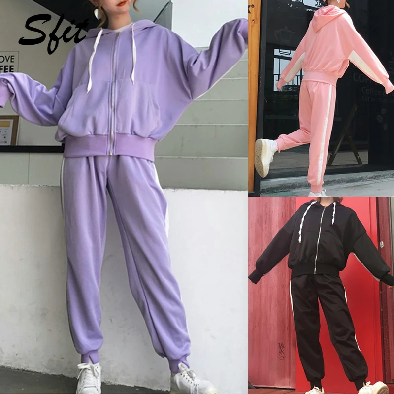

Sfit Spring Autumn Two Piece Sets Women Tracksuit Splice Zipper Hooded Long Sleeve Pullover Sport Tops+Long Pants Gym Clothing