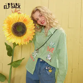 

ELFSACK Van Gogh Funny Graphic Print Plaid Women Shirt,2020 Spring Fashion British Style Tops,ELF Long Sleeve Lady Daily Clothes