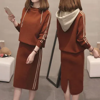 

Spring Autumn New Style Network Red Sweater Skirt Two-Piece Set Elegant Fashion Hooded Western Style Knitted Sweater Outfit