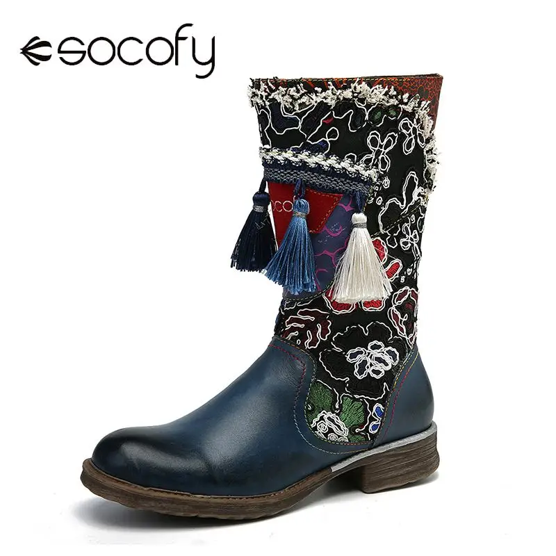 

SOCOFY Colorful Tassel Cloud Flower Stitching Flat Mid-Calf Boots Ladies Shoes Elegant Shoes Women Botines Mujer 2019