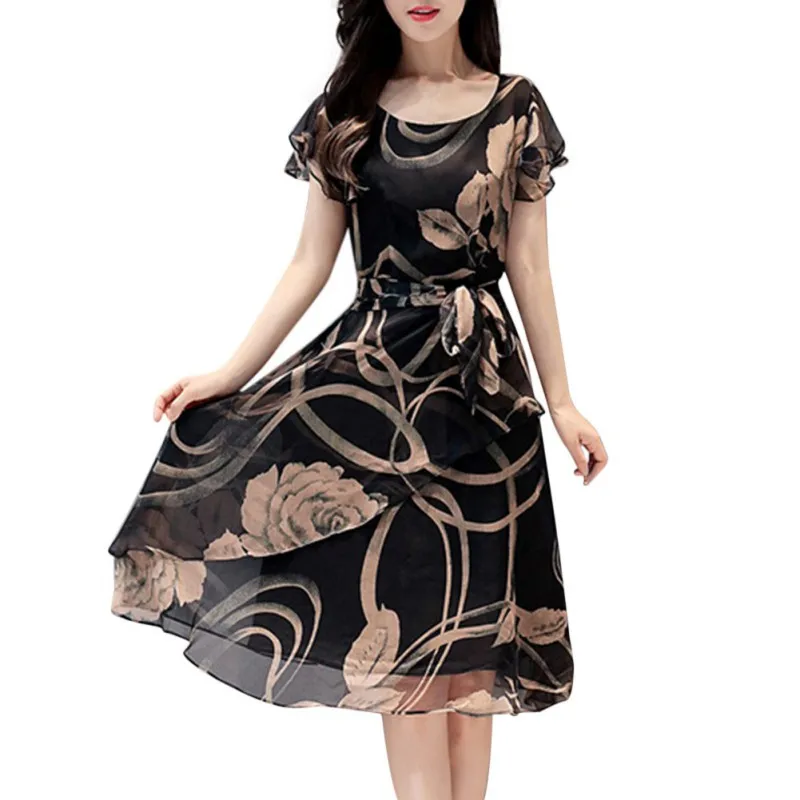 

Chiffon Floral Print Women Dress Sexy Female Voile Short Sleeve Double Ruffles Elegant Casual Short Party Dresses