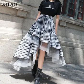 

XITAO 2020 Summer New Black and White Check Skirt Irregular Mesh Splicing Skirts Womens Fashion Personality Streetwear DMY4760