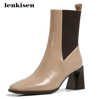 

Lenkisen high street fashion split leather stretch gorgeous square toe high strange heel slip on elegant lady mid-calf boots L08