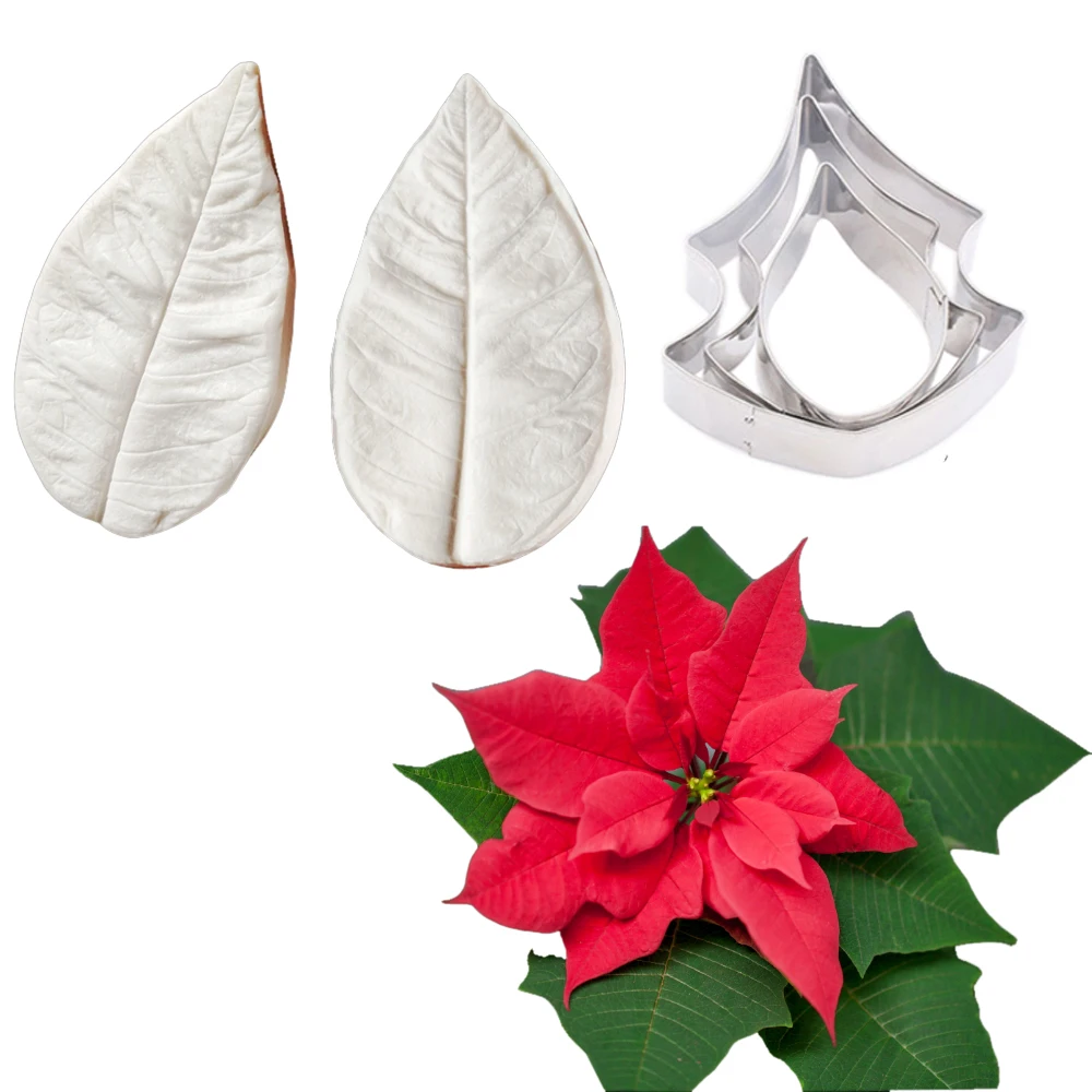 Poinsettia Цветы Лепестки Veiner и резак 3d силиконовые формы для торта украшения