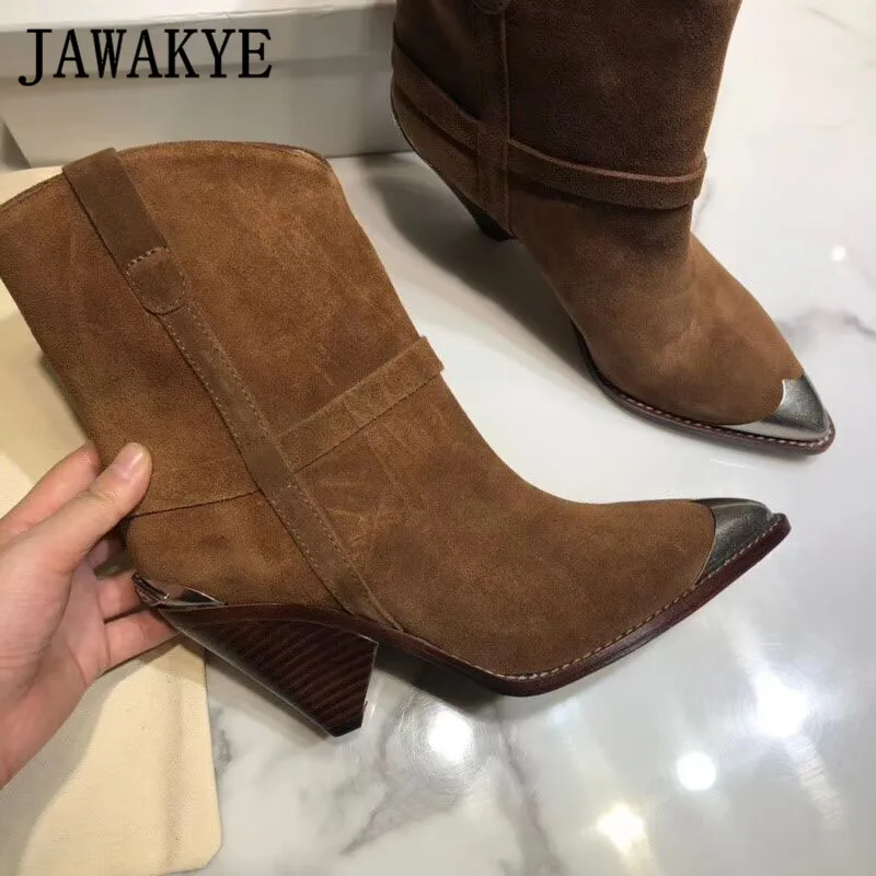 Metal decor pointed toe ankle boots genuine leather spike high heel slip-on chelsea boots runway shoes women cowboy boots