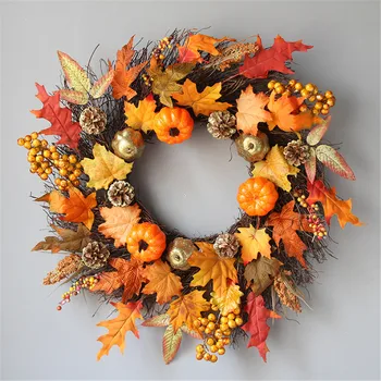 

45cm Maple Leaf Autumn Pumpkin Wreath Har-vest Thanksgiving Halloween Diy Decor Christmas Village Decorations For Tree Navidad