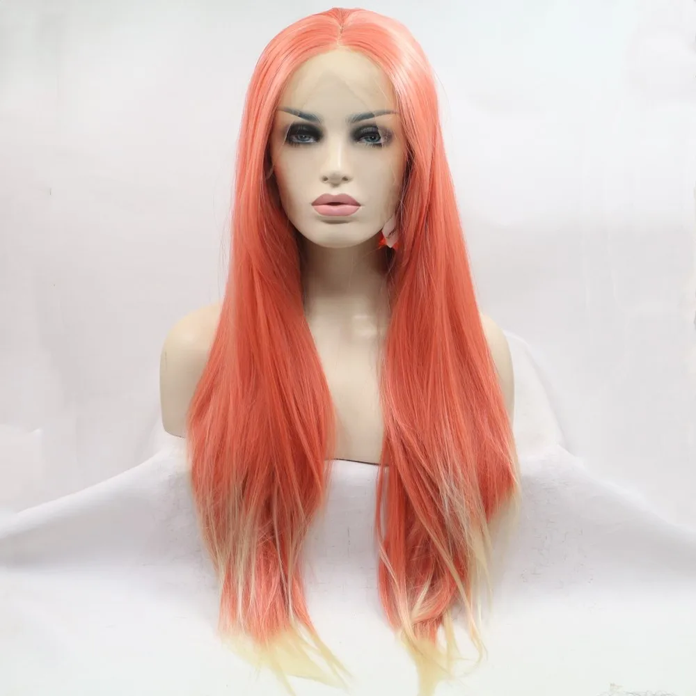 

Sylvia Synthetic Lace Front Wig Straight Hair Long Orange Wig Lady Glueless Wig Middle Parting Cosplay Wig Ombre Two Tone Wigs