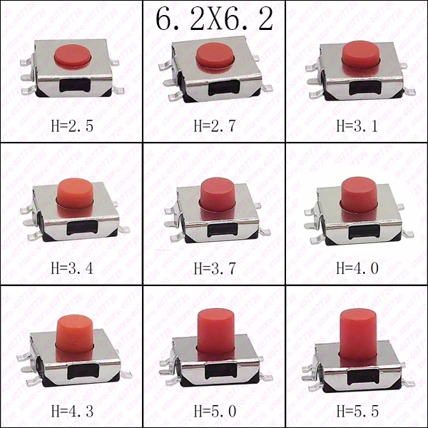 50 шт. 6.2x6.2мм Высота = 2 5/2 7/3 1/3 4/3 7/4/4.3/5/5.5 мм 5PIN SMD(SMT) Красный Такт Кнопка монтажа PCB
