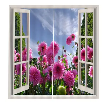 

Pink Flower Curtains Outside The Window 170*200 Home Fashion Mix & Match Tulle Sheer Lace & Blackout Curtain Set
