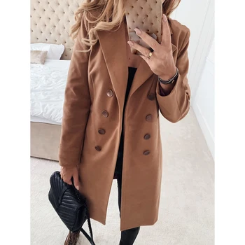 

Women Plus Size S-3XL Solid Double Breasted Buttons Long Sleeve Woolen Coat Autumn Winter Ladies Slim Casual Outwear SJ4725E
