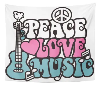 

Retro Styled Text of Guitar Peace Symbol and Dove with The Words Love and Music Tapestry Wall Hanging Polyester Fabric