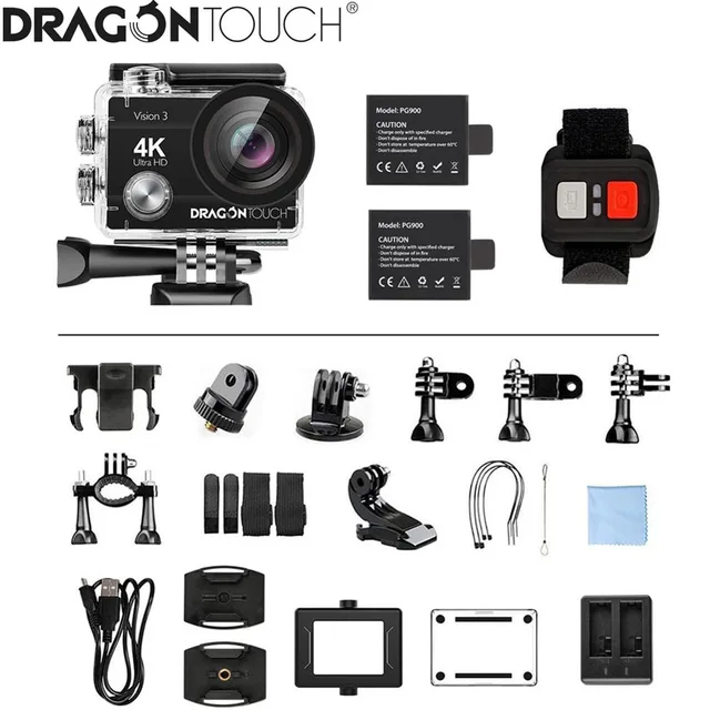 Dragon Touch 4K Action Camera 16MP Vision 3 Underwater Waterproof Camera 170 ° Wide Angle WiFi Sports Camera with Remote Control 6