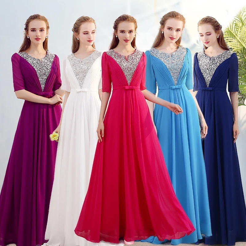 

V-Neck Beads Bodice A Line Long Evening Dress Party Elegant Vestido De Festa Fast Shipping Prom Gown Special Occasion Dresses