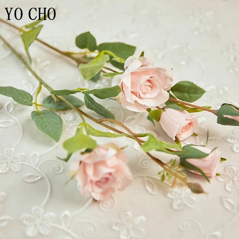 YO CHO Künstliche Rosenblumen aus Seide, hochwertige Kunstblumen, langer Zweig, 5 Köpfe, Hochzeit, Flores, Valentinstag, Heimdekoration – Detail 8