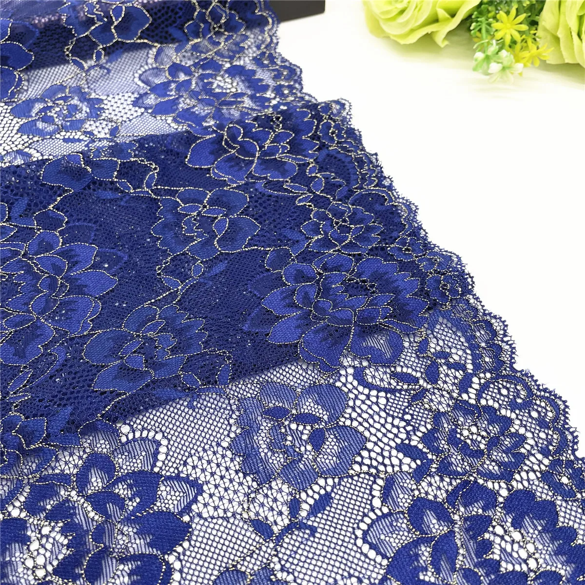 3M/lot Width 8 1/4in 21cm Blue With Gold Elastic Stretch Lace 3