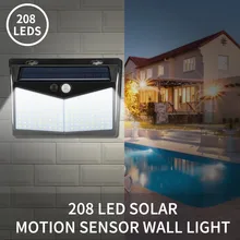 208 светодиодный светильник на солнечной батарее, уличный солнечный светильник с датчиком движения PIR, настенный светодиодный светильник, водонепроницаемый солнечный светильник для украшения сада