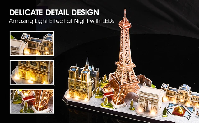 CubicFun 3D Puzzles LED France Paris Cityline Model Kits Eiffel Tower Notre  Dame de Paris The Louvre Building for Adults Kids