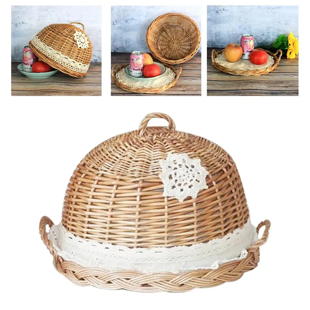 

Rattan Food Cover Hand-woven Food Bread Storage Basket Round Dust Cover Refreshment Pizza Tray Kitchen Storage Tool