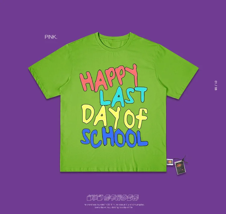 Ins/футболка с короткими рукавами; цвет радуги; с надписью «Happy последний день школы»; ручная работа с героями мультфильмов