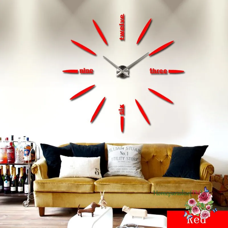 25"- 40" English Letters Creative Modern DIY Large Wall Clock 3D Quartz Non-ticking Silent Frameless Mirror Surface Sticker - Цвет: Красный