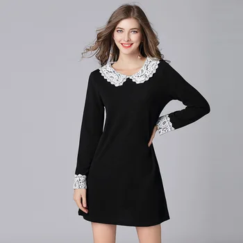 

Large size black dress 2019 Spring autumn style simple lace peter pan collar loose dress plus size fleece thicken vestidos 5XL