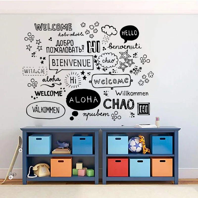 Patterns Multiple National Languages Welcome Coffee Cafe Shop Hello Quote Window Glass Wall Sticker Decal Vinyl Home Decor wall stickers