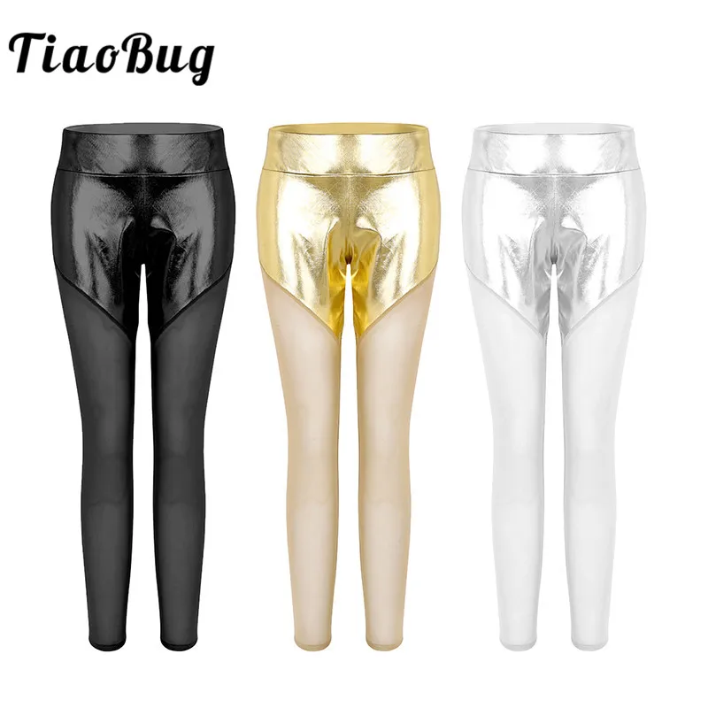 

TiaoBug Shiny Metallic Mesh Splice Workout Yoga Ballet Gymnastics Leggings Pants Tights Gym Fitness Trousers Women Dance Wear