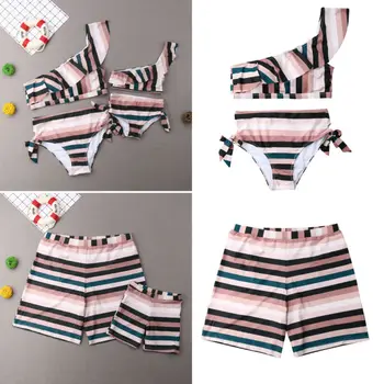 

Family Matching Swimwear Mother Father Daughter Boys Stripe Bikini Sets Swimsuit