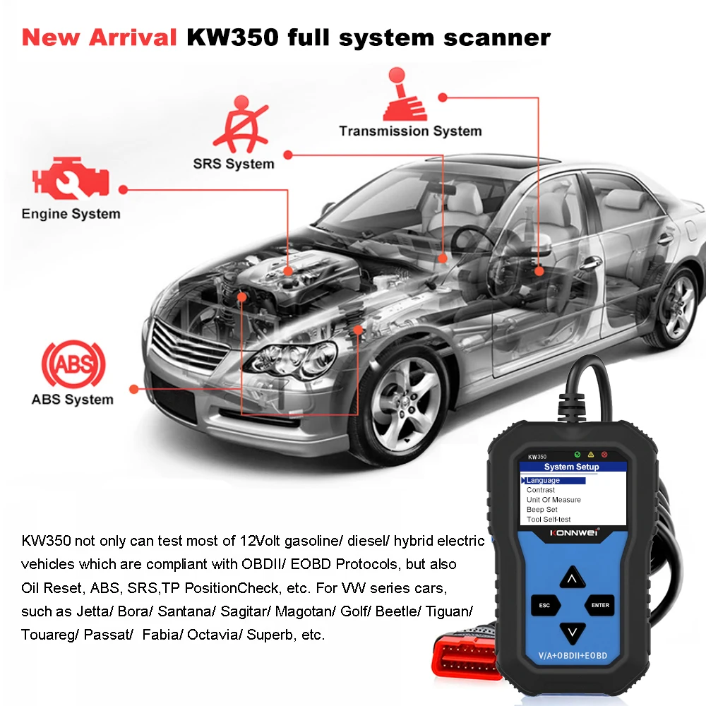 big car inspection equipment KONNWEI KW350 obd2 Scanner Automotivo For VW Audi Skoda Seat Full system diagnose SRS ABS EBP Oil Reset ODB Car Diagnostic Tool automotive battery charger