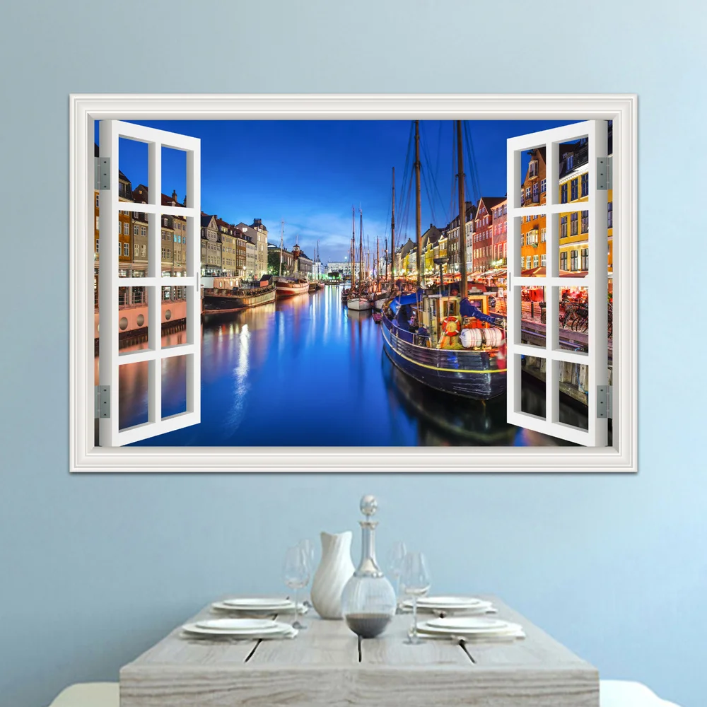 One piece Beautiful City Water Town Scenery 3D Window View Sticker Decal Vinyl Mural Wallpaper Wall PVC Room Decor | Дом и сад