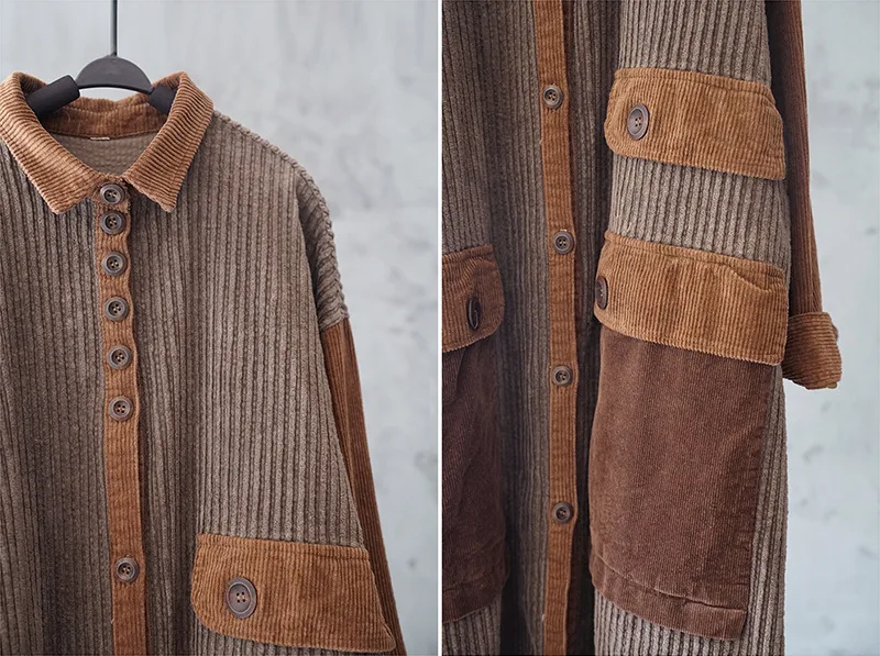 Новинка, лоскутные карманы, отложной воротник, Вельветовая плотная ветровка, Осень-зима, Ретро стиль, все размеры, женские пальто