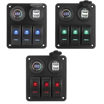 

Rocker Switch Panel 12V Blue/Green/Red Led Light Waterproof Voltmeter with Dual USB Charger for boat Car Yacht RV Marine 3 Gang