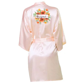 

Women Silk Satin Long Custom Name Flower Print Wedding Bride Bridesmaid Robe Kimono Robe Bathrobe