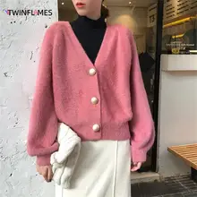 

TWINFLAMES Cardigan Sweater for Women Autumn and Winter Korean Y2k V-neck Knitted Jacket Imitation Mink Loose Sweater Pullover
