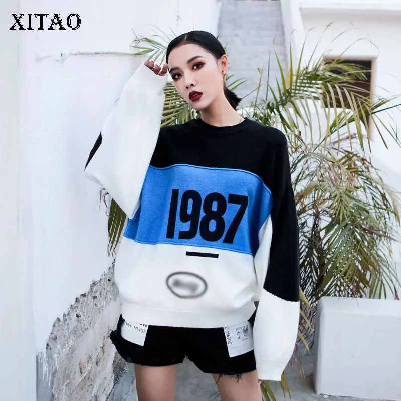 

XITAO Print Letter Sweater Fashion New Full Sleeve Patchwork 2020 Spring Elegant Goddess Fan Minority Loose Sweater DMY3187