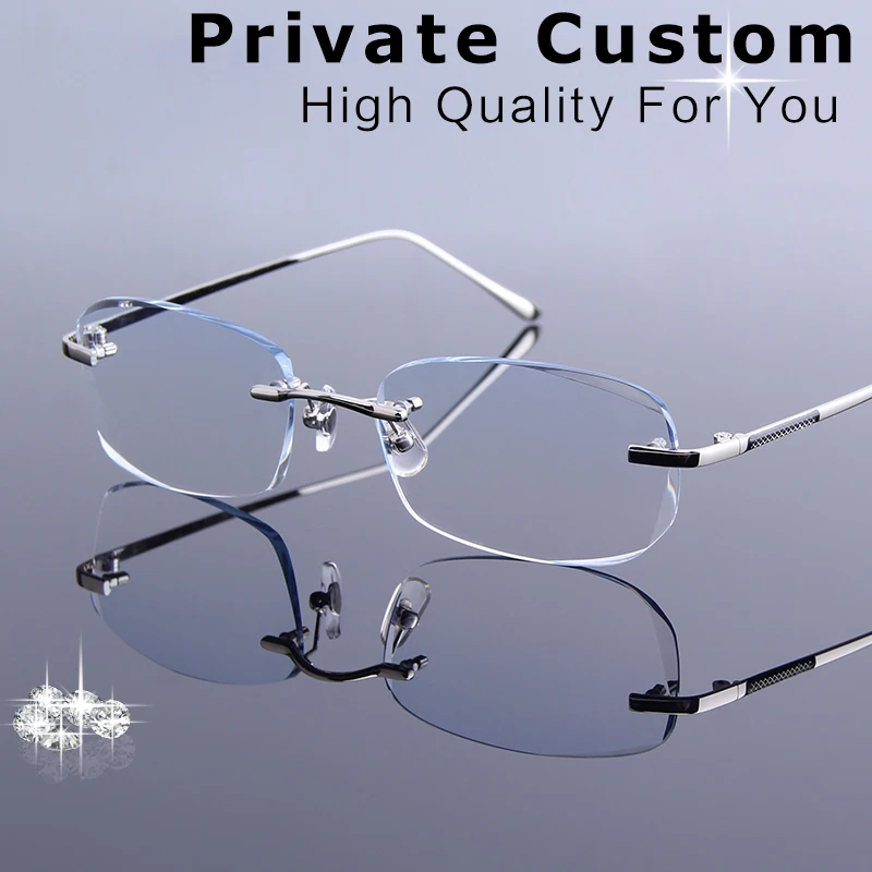 

Extravagant Men Alloy Reading Glasses Frames Diamond Trimming Rimless Glasses With Gradient Tint Lenses For Progressive Glasses