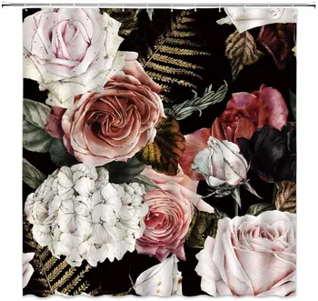 

Bathroom Curtain Plant Rose Flower Leaf Design Shower Curtains Waterproof Polyester Fabric Bathroom Shower Curtain &12Hooks