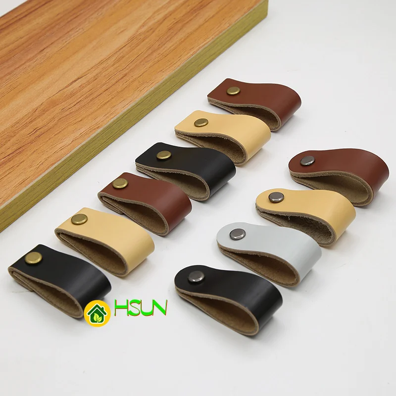 

2 pcs Nordic leather pure copper handle wardrobe drawer leather handle single hole antique gun black handle anti collision